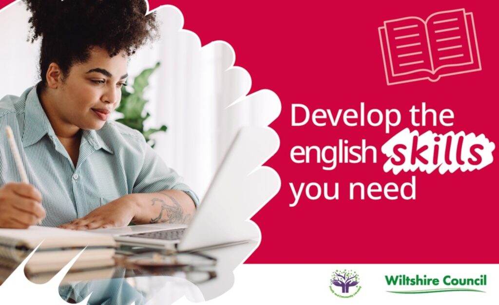 An adult learner is studying. Text reads "develop the English skills you need"