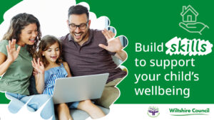 A family learning together. Text reads "build skills to support your child's wellbeing"