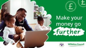 A parent is smiling and using a mobile phone and a laptop, along with two young children. Text reads "make your money go further"