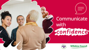 A group of adults are smiling and talking. Text reads "communicate with confidence"